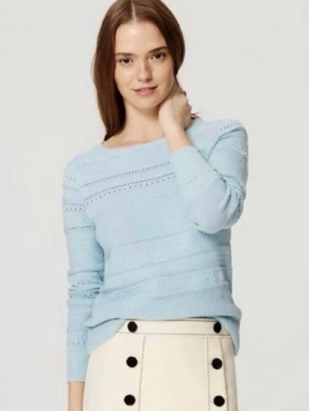 LOFT Pointelle Knit‎ Round Neck Sweater Light Blue S